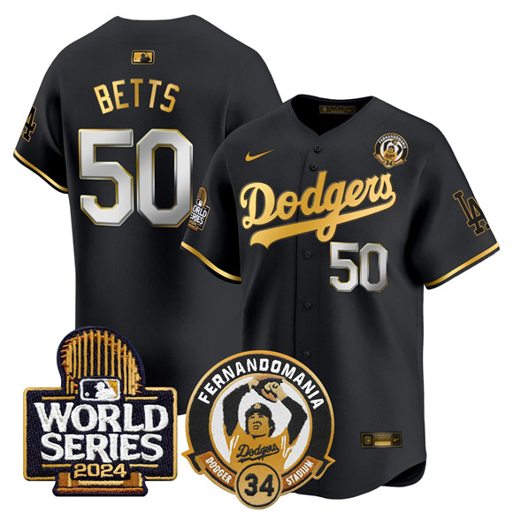 Men's Black Gold Los Angeles Dodgers #50 Mookie Betts Fernando Valenzuela & 2024 World Series Patch Limited Stitched Baseball Jersey